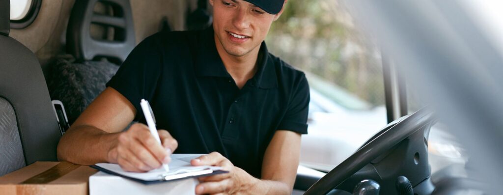 WHG Cardiff Delivery driver signing for parcel